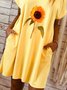 Yellow Floral Date Daily Casual V neck A-Line Short Sleeve Knitting Dress