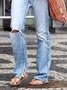 Light Blue Ripped Denim Patchwork Casual Jeans