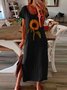 Vintage Boho Sunflower Printed Plus Size Short Sleeve Crew Neck Casual Knitting Dress