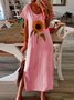 Vintage Boho Sunflower Printed Plus Size Short Sleeve Crew Neck Casual Knitting Dress