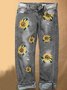Casual Plus Size Women S-3XL Sunflower Embroidery Jeans