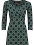 Green Floral-Print V Neck Geometric Long Sleeve Knitting Dress