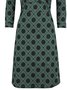 Green Floral-Print V Neck Geometric Long Sleeve Knitting Dress
