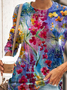 Women Colorful Flower Print Crew Neck Long Sleeve Tunic Shirt