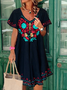 New Women Chic Vintage Holiday Boho Hippie Casual Short Sleeve V Neck Weaving Dress