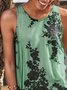 Floral Sleeveless  Printed  Cotton-blend  Crew Neck Vintage  Summer  Green Top