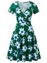Vintage Floral Printed Plus Size Short Sleeves V Neck Casual Knitting Dress