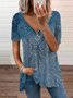 Paisley  Short Sleeve  Zipper  Cotton-blend  V neck  Vintage Summer Blue Top