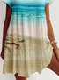 Blue Printed Beach Holiday V Neck Short Sleeve A-line Knitting Dress