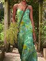 Mint Green Summer Floral-Print Sleeveless Cotton-Blend U-Neck Knitting Dress
