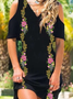 Short Sleeve Cotton-Blend Floral-Print Knitting Dress