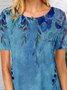 Floral  Short Sleeve  Printed  Cotton-blend  Crew Neck  Vintage  Summer  Blue Top