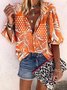 Orange Holiday Casual Leaves Polka Dots Printed 3/4 Sleeve Stand Collar Shift Blouse