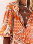 Orange Holiday Casual Leaves Polka Dots Printed 3/4 Sleeve Stand Collar Shift Blouse