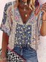 Vintage Short Sleeve V Neck Geometric Floral Printed Plus Size Casual Tops