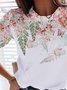 Floral Short Sleeve  Printed  Cotton-blend  Crew Neck Casual  Summer  White Top