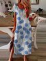 Blue Printed Short Sleeve Holiday Daily Casual Crew Neck Shift Knitting Dress