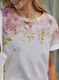 Floral Short Sleeve Printed  Cotton-blend  Crew Neck  Holiday Summer  White Top