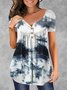 White Ombre/tie-Dye Printed Buttoned Casual Short Sleeve Shirts & Tops