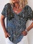 Paisley Short Sleeve Printed  Cotton-blend  V neck Boho Summer Blue Top
