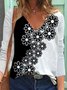 Black-white Floral Printed Long Sleeve V Neck Casual Shift Shirts & Tops