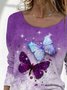 Purple Butterfly Printed Shift Casual Long Sleeve Round Neck Tops