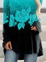 Blue Floral Printed Round Neck Long Sleeve Casual Shift Tops
