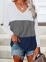White Color Block Printed V Neck Casual Long Sleeve Shift Tops