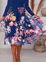 Blue Floral Printed Long Sleeve A-Line V Neck Date Casual Knitting Dress