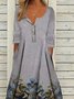 Gray Floral Printed Buttoned V Neck Casual Long Sleeve A-line Knitting Dress