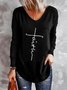 Vintage Faith Letter Printed Long Sleeve V Neck Casual Tunic Top