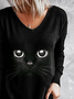 Plus size Cat V Neck Long Sleeve T-shirt