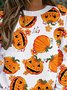 Vintage Halloween Pumpkin Printed Crew Neck Long Sleeve Plus Size Casual Sweatshirt