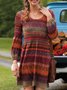 Vintage Boho Geometric Printed Crew Neck Long Sleeve Plus Size Casual Knitting Dress