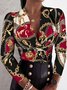 Vintage Statement Geometric Printed Long Sleeves V Neck Plus Size Tops