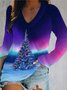 Christmas Casual Printed V Neck Long Sleeve Shirts & Tops