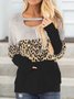Cut Out Leopard Printed Color Block Vintage Long Sleeves Shirts & Tops