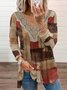 Color-block Geometric Printed Long Sleeves Lace V Neck Plus Size Casual Tops