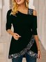 Sequined Off Shoulder Cold Shoulder Mid-Length Long Sleeve Casual Tunic Top