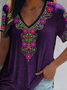 Boho Tribal Floral Printed Boho V Neck Cotton Blends Loosen Shirts & Tops