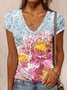 Floral Abstract Printed Casual Loosen V Neck Short Sleeve T-Shirt