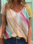 Trendy Casual Colorful Striped Print V-Neck Short Sleeve T-Shirt
