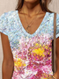 Floral Abstract Printed Casual Loosen V Neck Short Sleeve T-Shirt