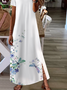 Vacation Floral Dragonfly Printed Casual Loosen V Neck Buttoned Maxi Short Sleeve Knit Dress