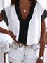 Color-block Short Sleeve V Neck Plus Size Casual Tops