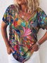 Women's V Neck Abstract Print Cotton Blend Short Sleeve Casual T-shirt