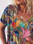 Women's V Neck Abstract Print Cotton Blend Short Sleeve Casual T-shirt