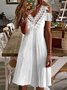 Solid Loosen Lace V Neck Off Sholder Woven White Casual Dress