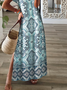 Boho Vacation Tribal Geometric Floral Printed Casual Loosen Slit V Neck Maxi Short Sleeve Knit Dress