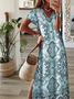 Boho Vacation Tribal Geometric Floral Printed Casual Loosen Slit V Neck Maxi Short Sleeve Knit Dress